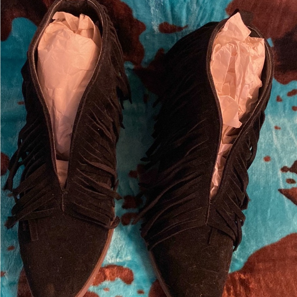 Womens Black Suede Fringe Booties